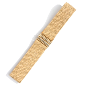 Detail of light beige elastic waist belt with woven texture and gold metal buckle
