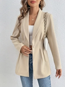 Veste Blazer Femme Élégante Mode Manches Longues Revers Cranté Bouton Unique Coupe Cintrée Détail Plissé Taille