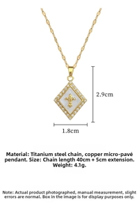 Detail of rhombus pendant with fleur-de-lis on mother of pearl and paved zircons