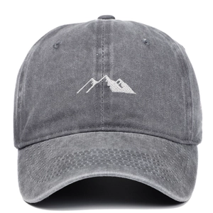 Vintage washed grey cotton baseball cap featuring minimalist mountain peak embroidery