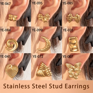 Set of minimalist golden stainless steel stud earrings in nine diverse geometric shapes
