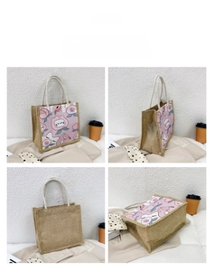 Detail view showing four angles of a burlap tote bag with a cartoon cat and peach print