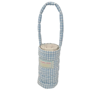 Quilted blue checkered cotton cup sleeve with portable handle for water bottles