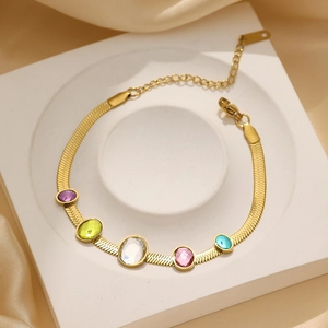18k gold plated stainless steel snake chain bracelet with five colorful zircon stones