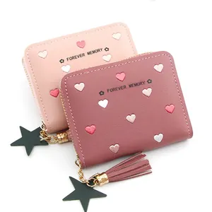 Women Short Wallet PU Leather Heart Embroidery Zippered Card Holder Coin Purse With Tassel Star Pendant For Daily Use