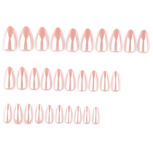 Glossy pearlescent nude pink almond-shaped press-on nails set with metallic finish