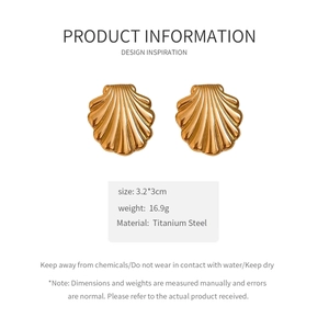 Detail showing titanium steel shell earrings size 3.2x3cm and 16.9g product specs
