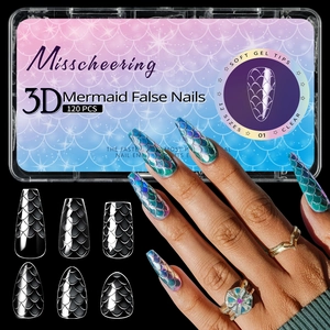Faux Ongles à Presser Amande Longue Irisée Écailles de Poisson 3D Gel Souple Transparents pour Femmes Décoration d'Ongles DIY Professionnelle