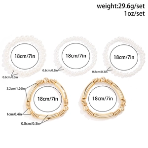 Detailed size specifications for 5-piece faux pearl and gold tube bracelet set