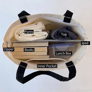 Large capacity canvas tote bag with zipper closure and internal pockets for college books