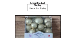 Macro shot of 26 champagne gold Christmas ornaments with glitter and matte finishes