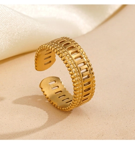 Detail of adjustable gold ring with hollow rectangular patterns and beaded edges