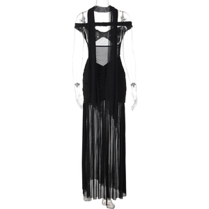 Rear view of black mesh patchwork long dress with halter neck and backless detail