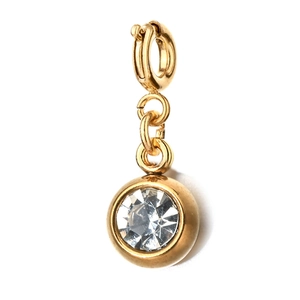 Detail of a 6mm gold stainless steel charm with a clear crystal and lobster clasp