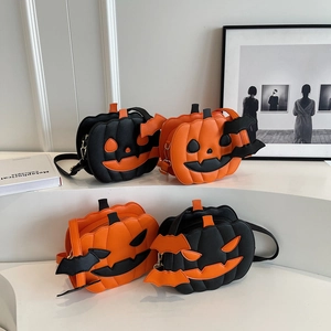 Fashionable pumpkin-shaped PU leather crossbody bag for Halloween with bat charm