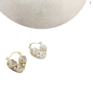 Elegant gold plated heart earrings with white floral petals and sparkling zircon stones