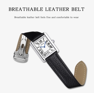 Detail of the breathable black leather strap and butterfly buckle on this square watch
