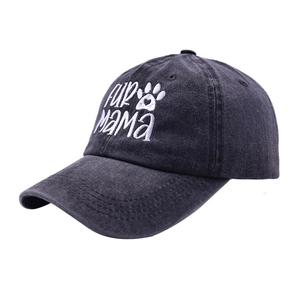 Washed dark gray cotton baseball cap featuring white FUR MAMA embroidery and paw print
