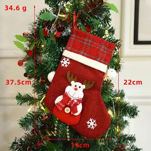 37.5cm Red Reindeer Christmas Stocking with snowflake texture and plaid trim