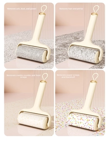 Long handle lint roller demonstrating sticky removal of hair, dust, and food crumbs