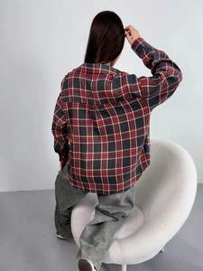 Women's vintage plaid long sleeve shirt in red and navy, loose fit casual style