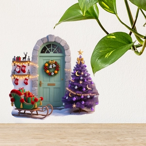 Detailed view of 3D Christmas wall stickers with embossed tree, sled, and festive door