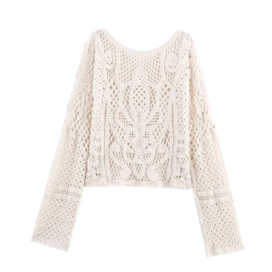 Bohemian white crochet knit hollow-out long sleeve top featuring intricate geometric patterns