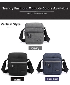 Vertical oxford shoulder bags shown in grey, black and blue water-resistant fabric