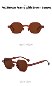 Front and 45-degree side view of vintage hexagonal tea-colored sunglasses with metal studs
