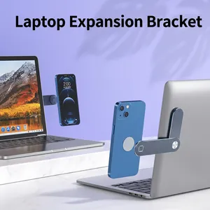 Dual-screen laptop side mount magnetic aluminum alloy phone holder in silver and rose gold