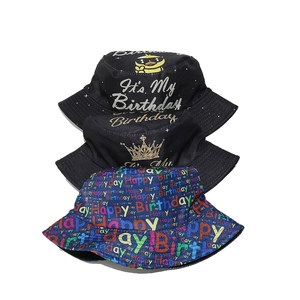 Three assorted birthday bucket hats with colorful festive prints and cute duck graphics