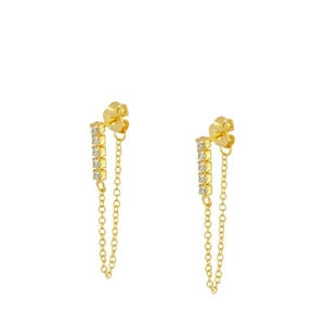Elegant gold drop earrings featuring vertical white zircon stones and long thin chain tassels