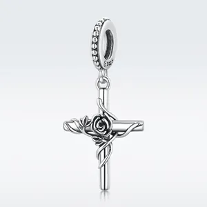Rose Cross Charm 925 Sterling Silver Vintage Oxidized Flower Vine Religious Pendant Jewelry Accessories For Women