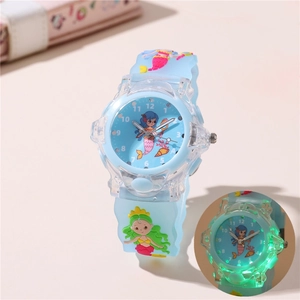 Orologio Analogico Bambini Cartone Animato Sirena Luminosa LED Cinturino Silicone Cassa Trasparente Quarzo Per Studenti