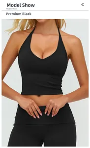Detail of premium black halter V-neck yoga tank top with matching high waist leggings