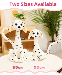 Comparison of 25cm and 35cm spotted dalmatian plush toys with long necks and big eyes