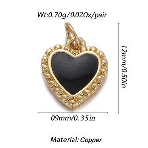 Detailed view of 12mm black enamel heart pendant with dimensions and weight info