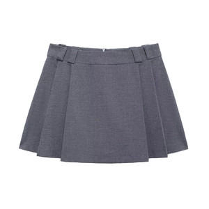 Detailed view of dark grey pleated mini skirt featuring waist belt loops and back zipper