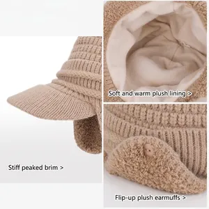 Winter thermal knit peak hat with warm plush lining and ear flaps for outdoor activities