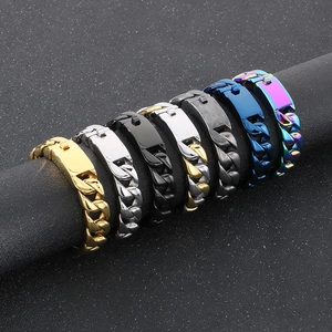 Detailed flat lay of 15mm Cuban link bracelets in seven colors with clasp on black background