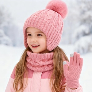 Pink cable knit winter set for kids with pompom hat, scarf and touchscreen gloves