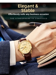 Close-up of classic men's quartz watch with gold case and brown leather strap on wrist