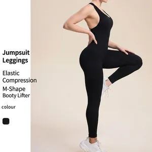 Nahtloser Gerippter Yoga Jumpsuit Damen Kreuzrücken Sportlicher Bodysuit Nylon Spandex Schnelltrocknend Fitness Training