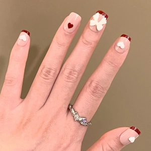 Press On Nails Short Square French Tip Red Heart 3D White Bow Pink Glossy Artificial Fake Nail Tips