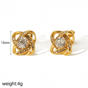 Gold flower stud earrings with zircon stones and 13mm size measurement on white background