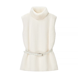 Gilet sans manches élégant en fausse fourrure blanche avec col montant et ceinture