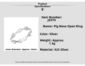 Detailed size specifications for the 925 sterling silver pig nose open ring model