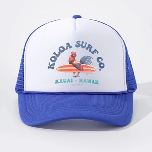 Detail of KOLOA SURF CO. trucker hat with blue mesh and vintage surfboard rooster print