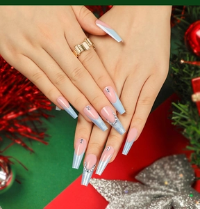 Dettaglio di unghie finte French rosa e blu con glitter e strass scintillanti decorati