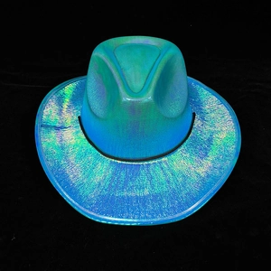 Detailed top view of a holographic iridescent cowboy hat with metallic colorful finish